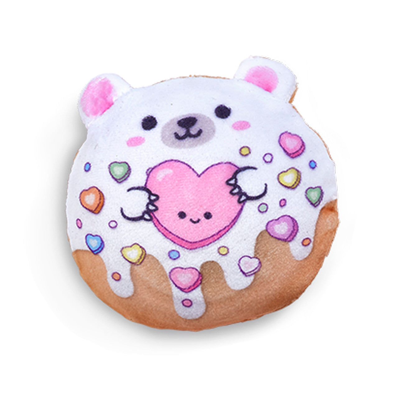 Super Duper Sugar Squishers - Plush Sugar Bear Donuts Edition by Top Trenz - Plush bear donut toy covered in white icing with candy heart sprinkles holding a pink candy heart.