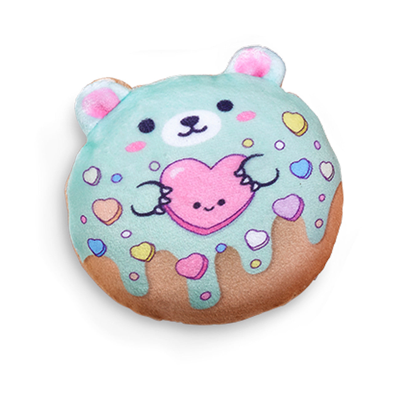Super Duper Sugar Squishers - Plush Sugar Bear Donuts Edition by Top Trenz - Plush bear donut toy covered in mint icing with candy heart sprinkles holding a pink candy heart.