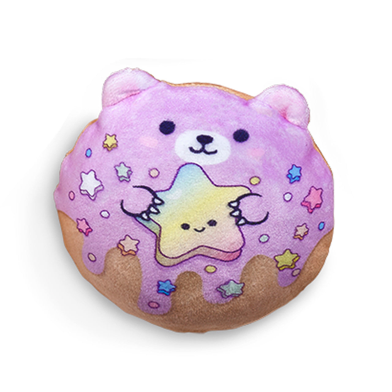 Super Duper Sugar Squishers - Plush Sugar Bear Donuts Edition by Top Trenz - Plush bear donut toy covered in purple icing with candy star sprinkles holding a yellow candy star.