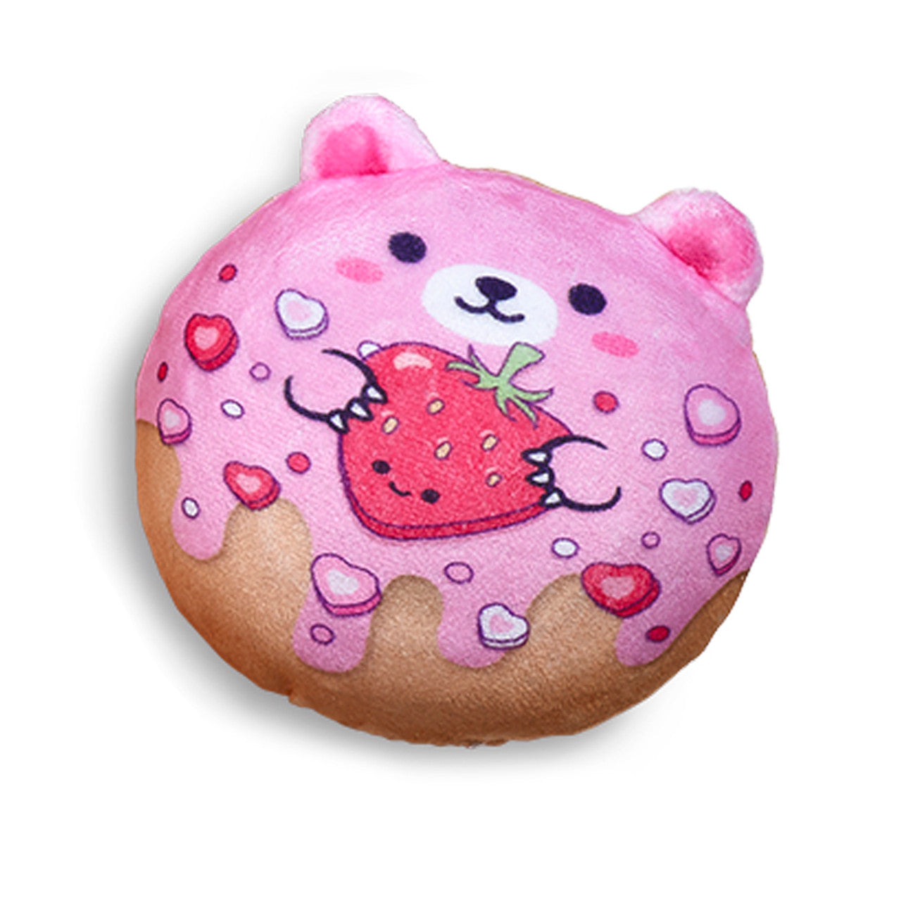 Super Duper Sugar Squishers - Plush Sugar Bear Donuts Edition by Top Trenz - Plush bear donut toy covered in pink icing with candy heart sprinkles holding a red strawberry.