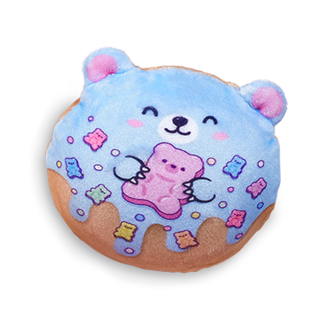 Super Duper Sugar Squishers - Plush Sugar Bear Donuts Edition by Top Trenz - Plush bear donut toy covered in blue icing with gummy bear sprinkles holding a pink gummy bear.