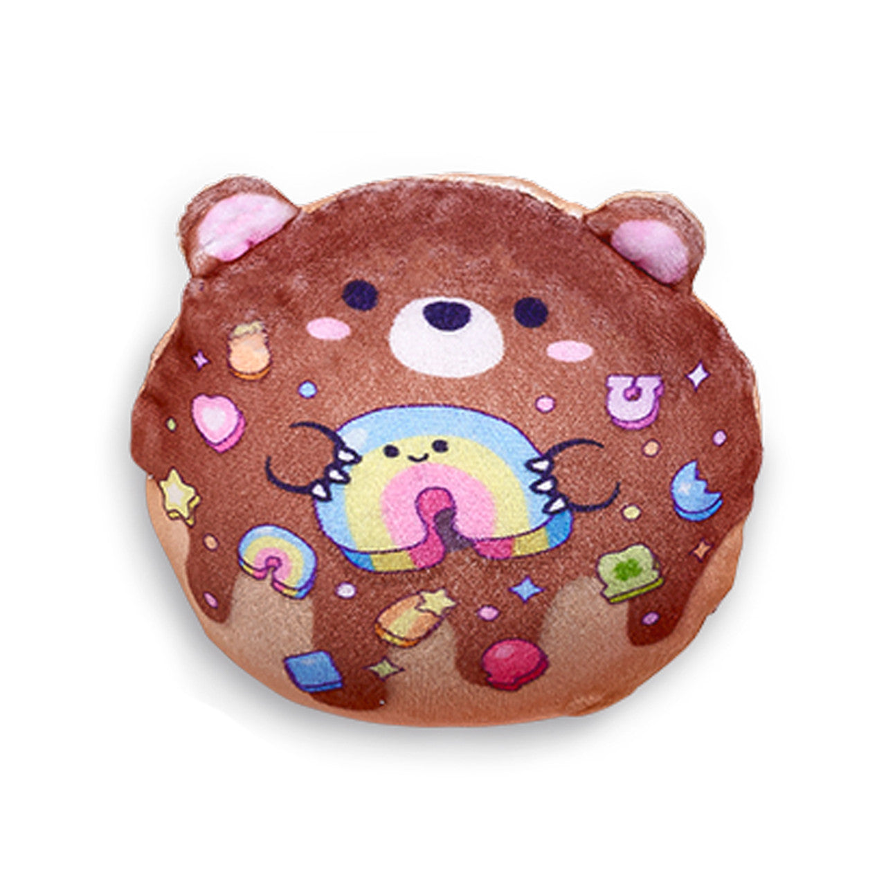 Super Duper Sugar Squishers - Plush Sugar Bear Donuts Edition by Top Trenz - Plush bear donut toy covered in brown icing with candy charm sprinkles holding a rainbow candy charm.