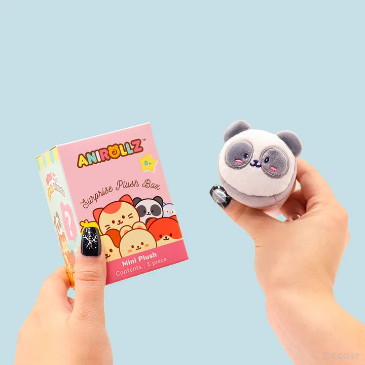 Surprise Plush BLIND BOX and individual plush held in hands with blue background