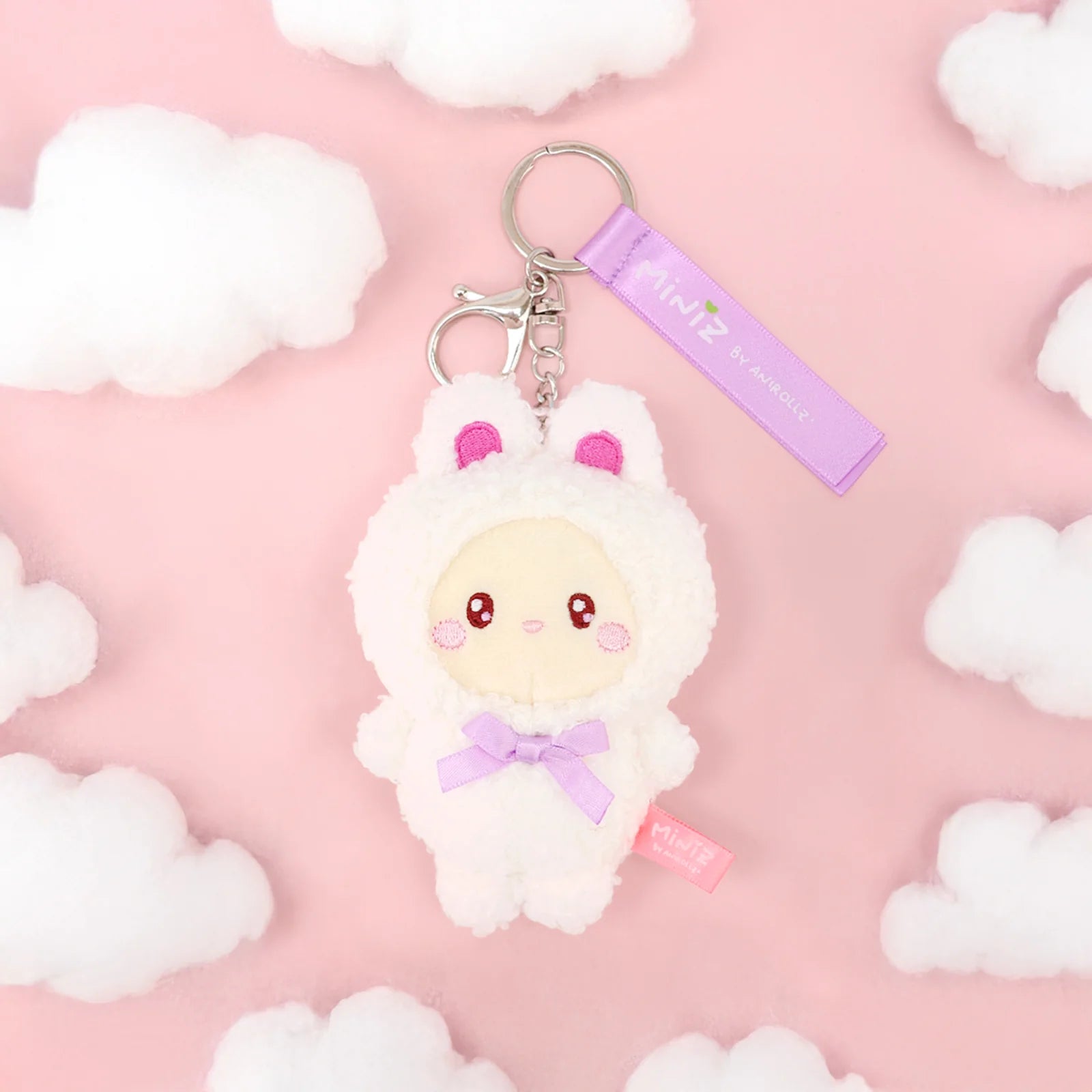 Front view Bunny Costume Bunniroll Plush Charm with Clouds Background