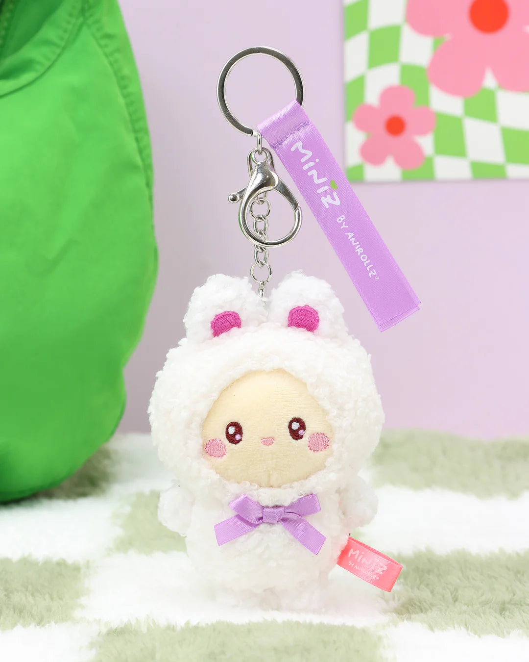 Front view Bunny Costume Bunniroll Plush Charm with Room Background