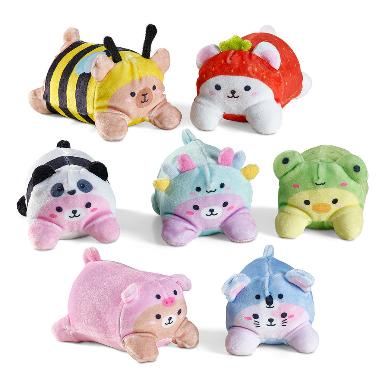 Colorful assortment of Sand-A-Roos Sensory Plush toys in fun animal costume designs.