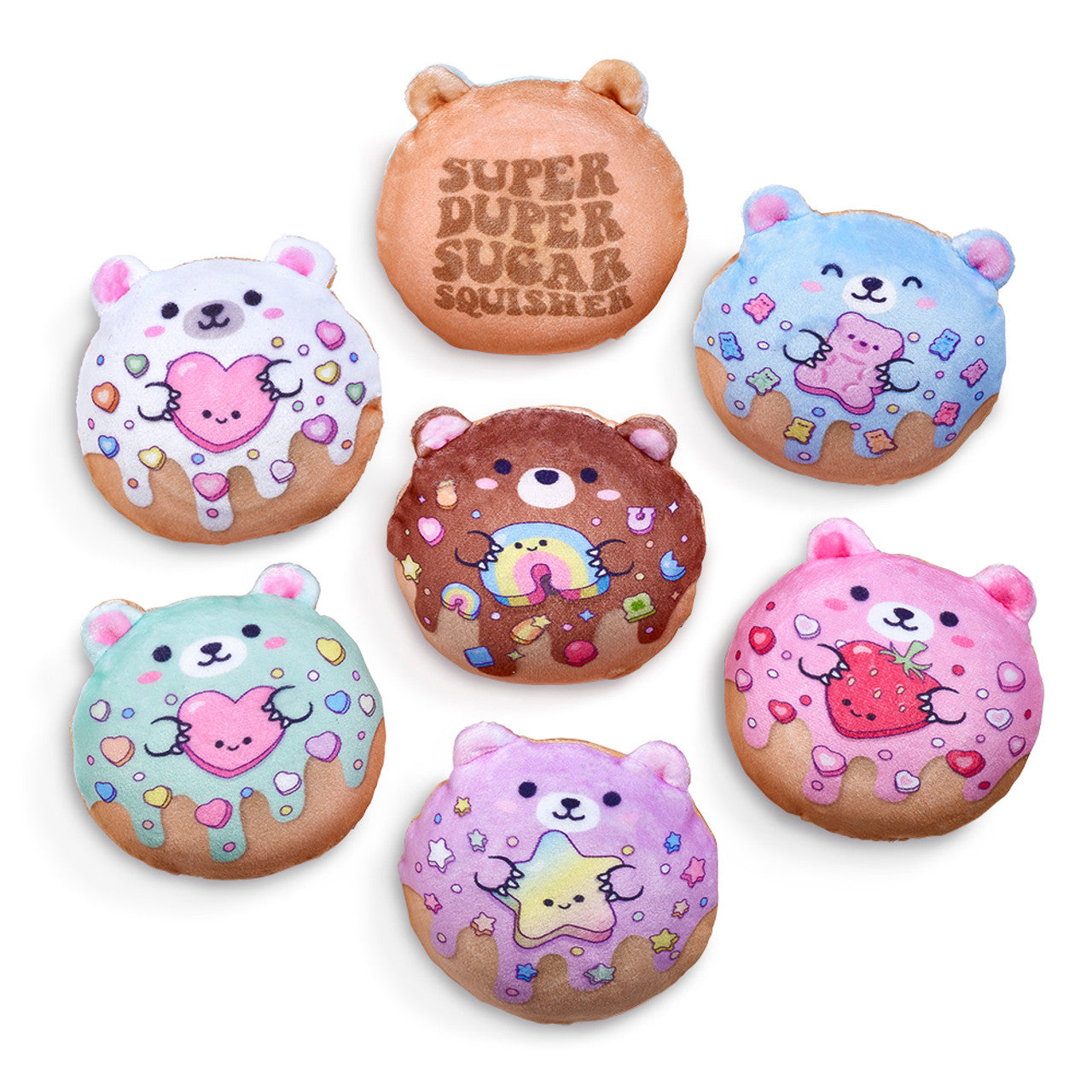 Super Duper Sugar Squishers - Plush Sugar Bear Donuts Edition by Top Trenz -  bear-shaped plush toys in pastel colors with cute dessert and candy designs, including hearts, stars, and strawberries.