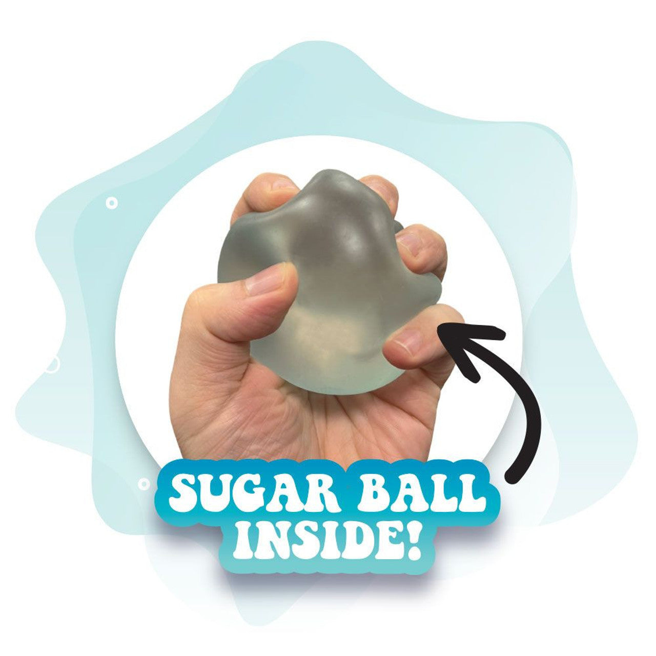 Super Duper Sugar Squishers - Plush Sugar Bear Donuts Edition by Top Trenz - hand holding the sensory toy sugar ball that is inside of the super duper sugar squishers plush, 